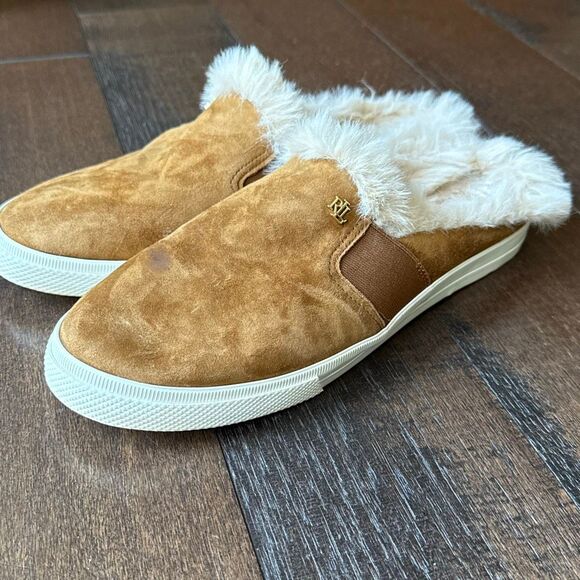 Lauren Ralph Lauren Jinny mules sneakers fur lined suede women’s size 10 brown b - Picture 1 of 6